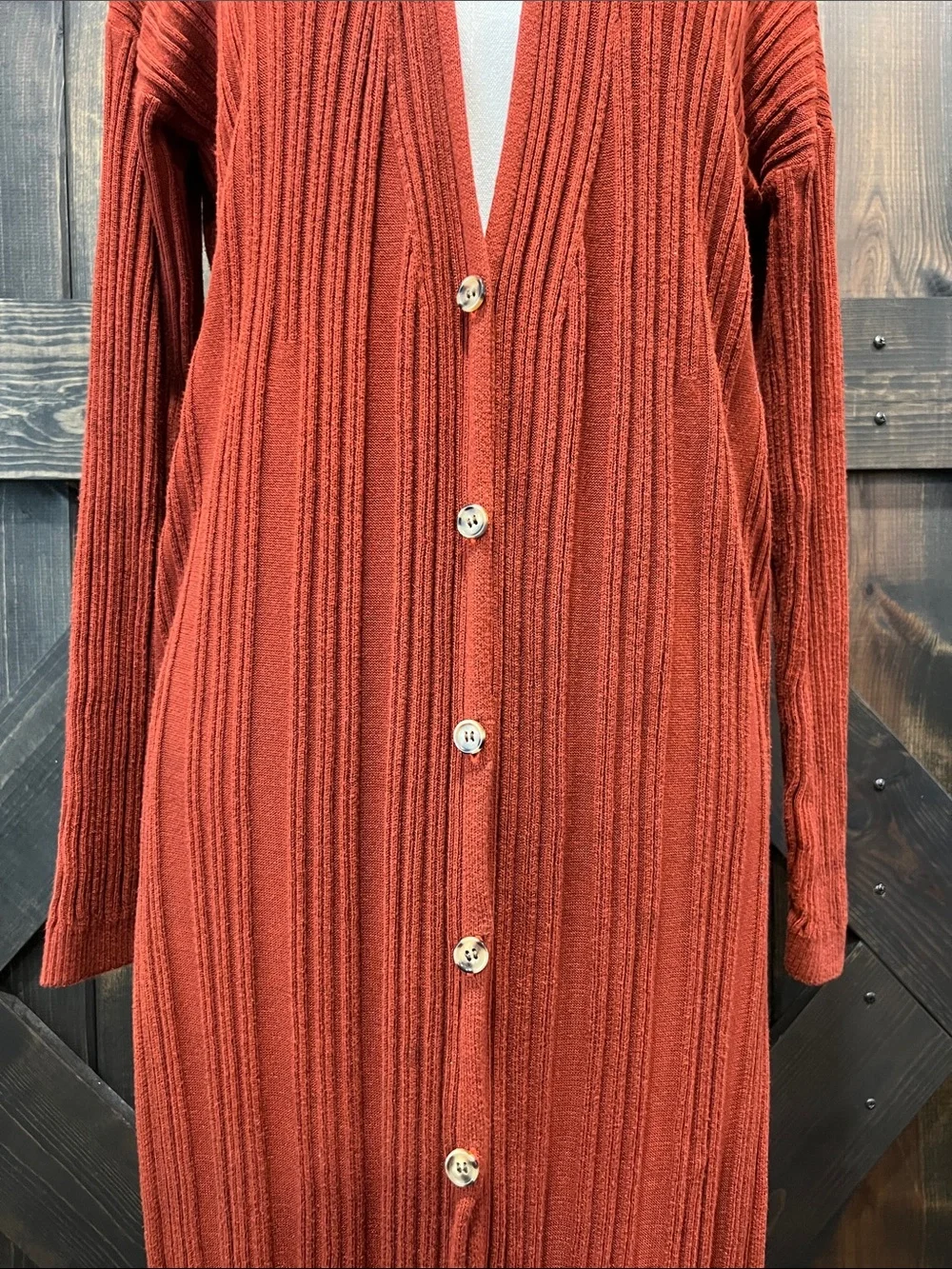 Free People Ribbed Duster Cardigan Sweater M Orange Brown Longline Boho Lounge